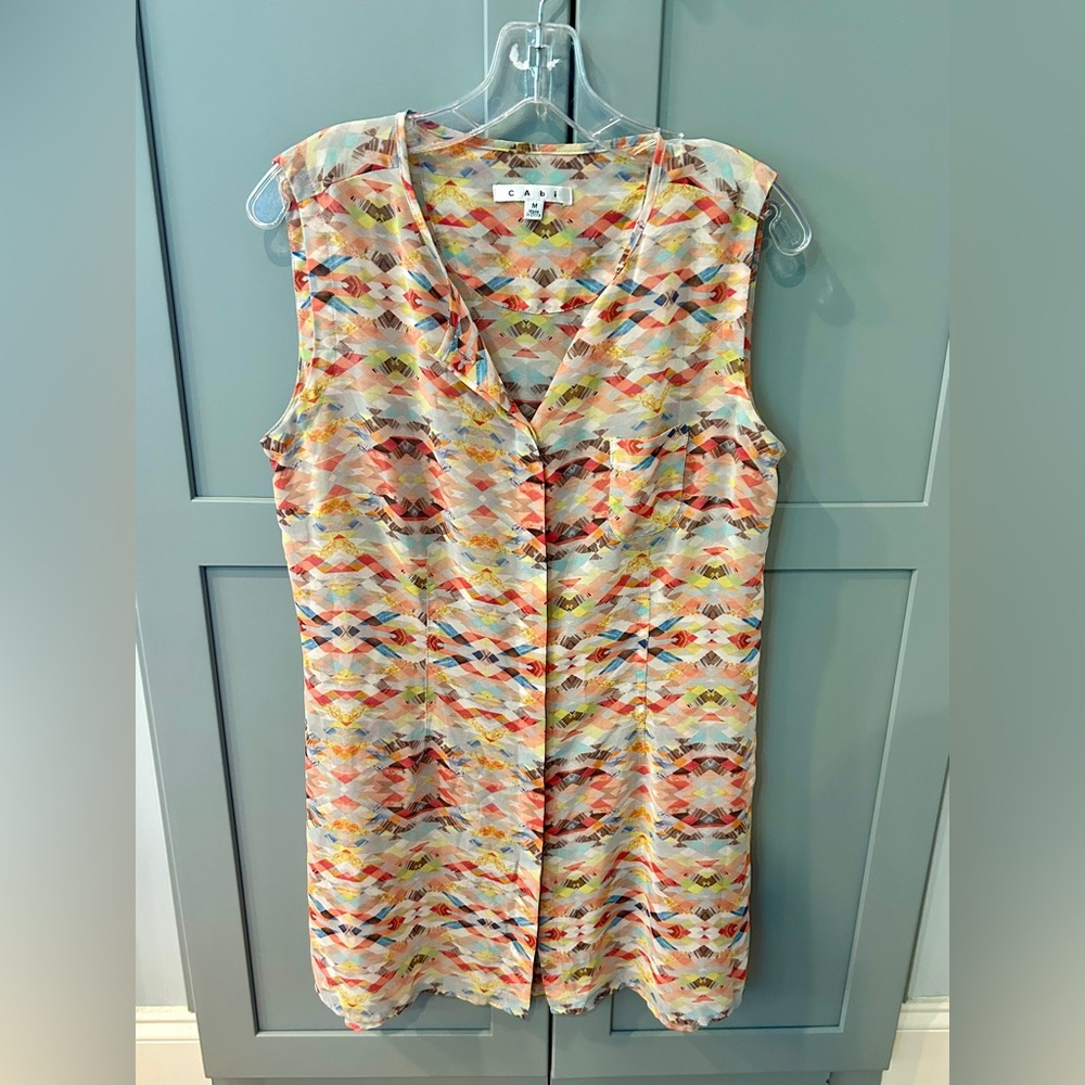 Colorful Geometric Patterned Sheer Sleeveless Top, Size M, by CABI